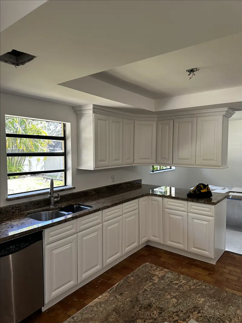 White painted kitchen cabinets with granite countertops